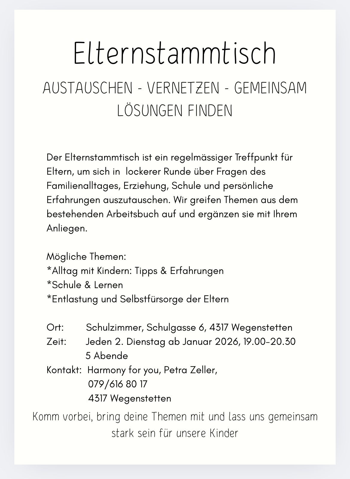 Elternstammtisch Infoabent Gestresste Kinder unkonzentriert überfordert harmony for you wegenstetten